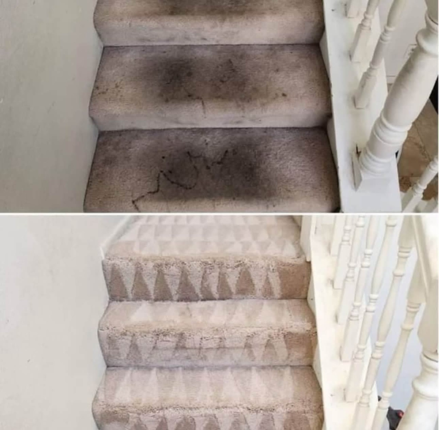Carpeted stairs before and after professional cleaning by Stain Punishers